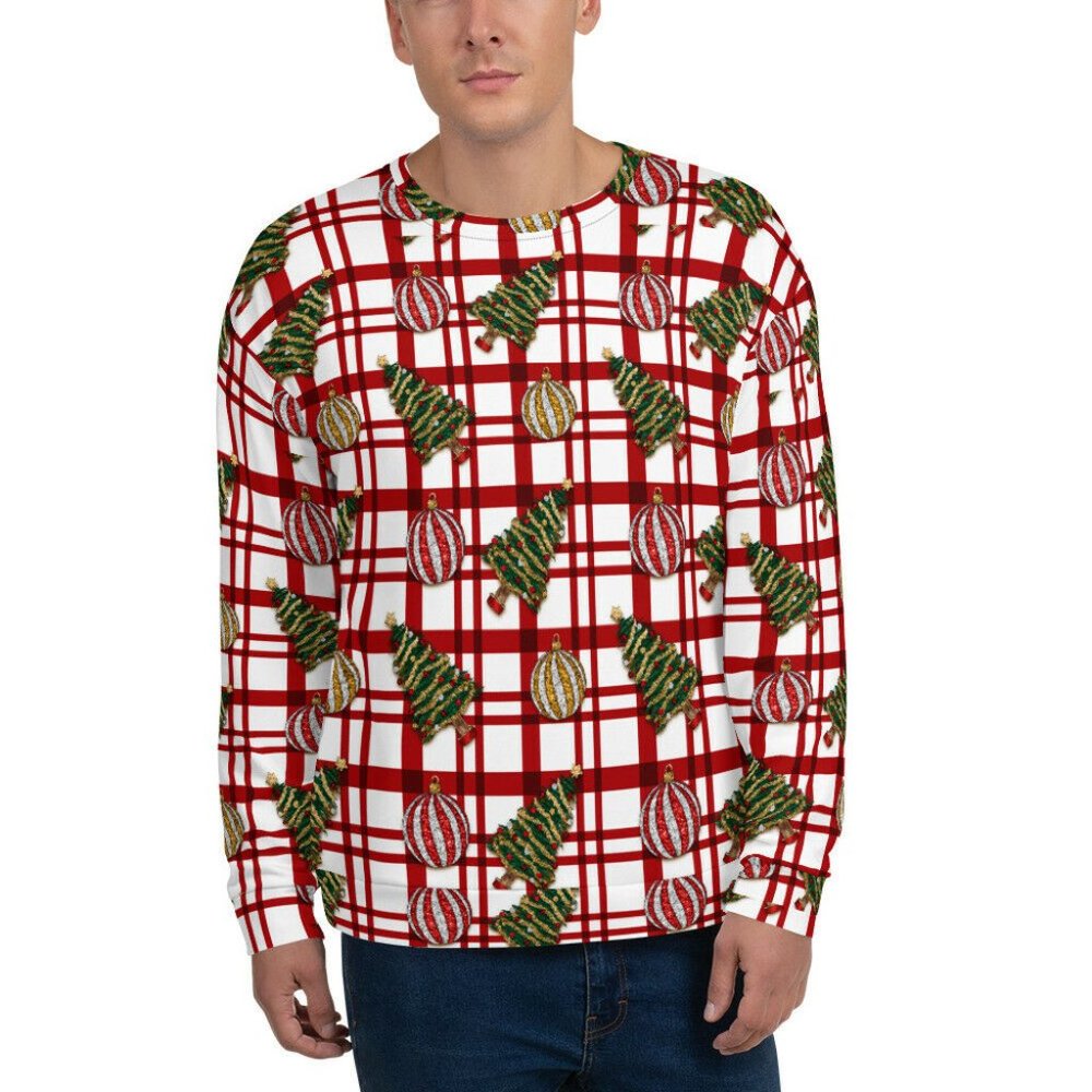 Ugly Christmas Sweater Plaid Red White Green Tree